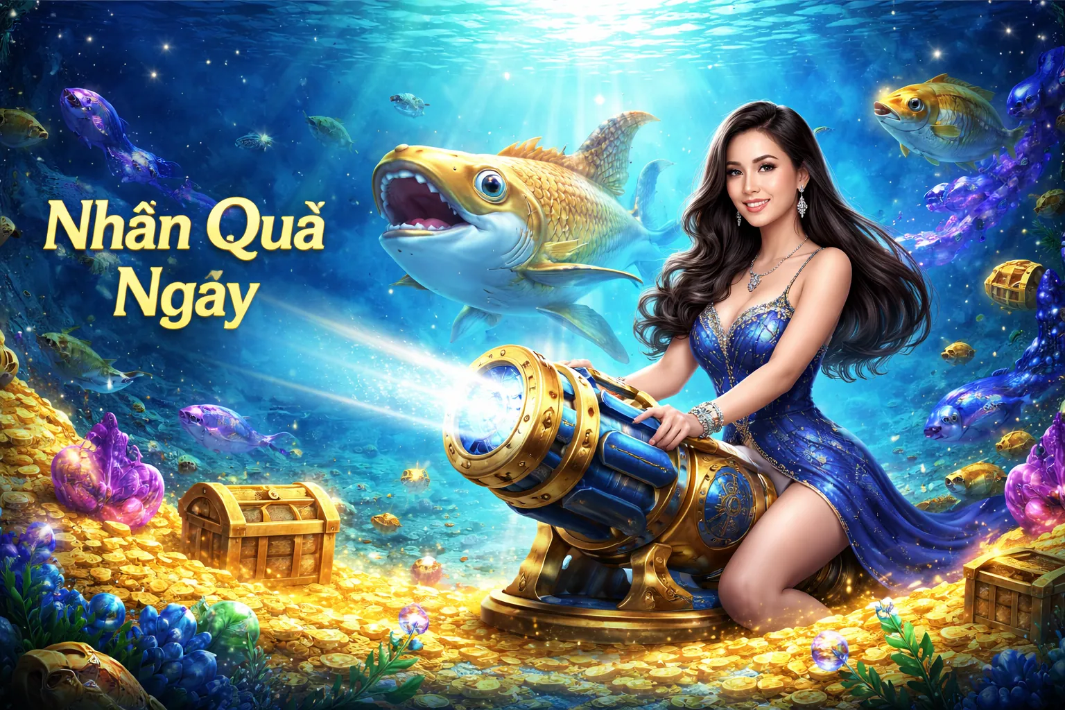 Hình ảnh chính trò chơi bắn cá KU Casino với nhiều cá và phần thưởng